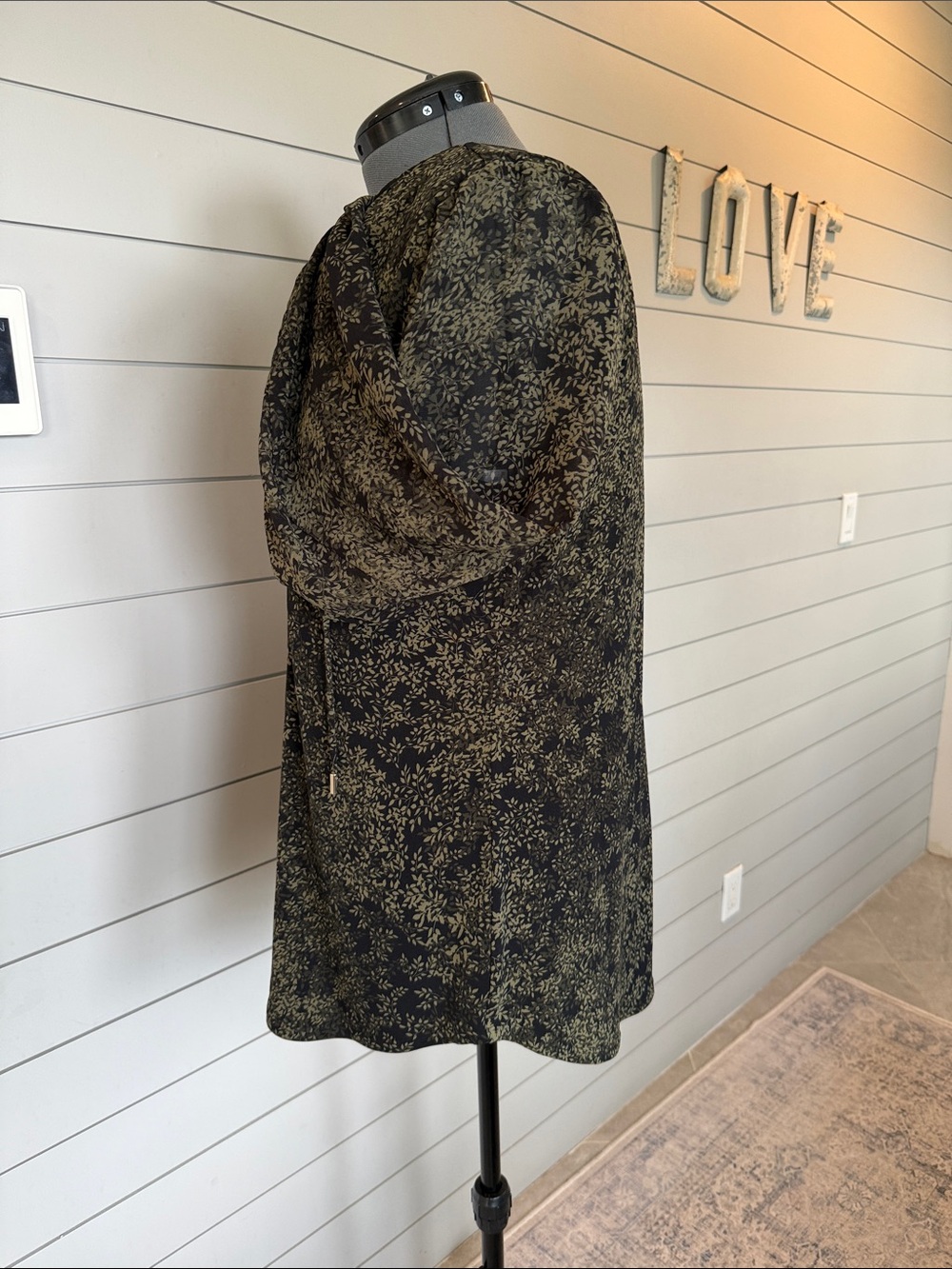White House Black Market Black and Olive Floral Lace-Trim Blouse - Picture 3 of 5